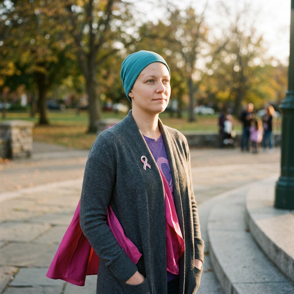 Woman with teal headscarf and pink ribbon standing outdoors in a park
