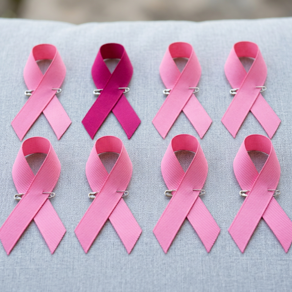 Seven pink breast cancer awareness ribbons arranged on gray fabric