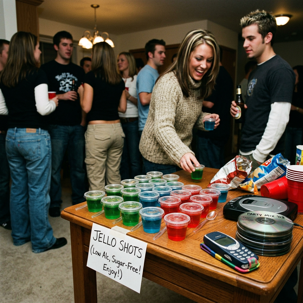Party table with colorful jello shots and sign reading “JELLO SHOTS (Low Alc, Sugar-Free! Enjoy!),” surrounded by guests